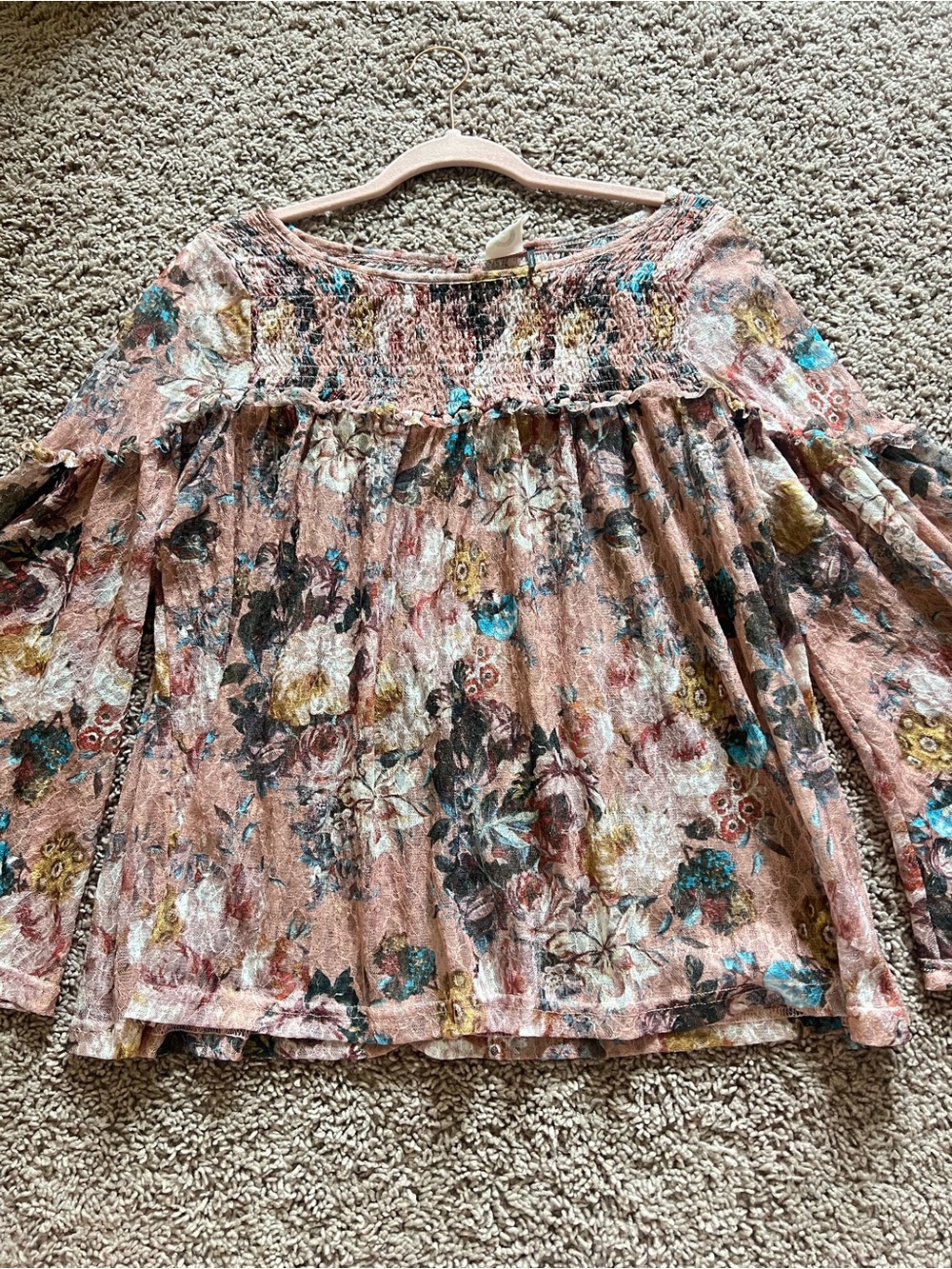 Boho Floral Smocked Yoke Bell Sleeve Lace Floral Top Size M Fairy Garden